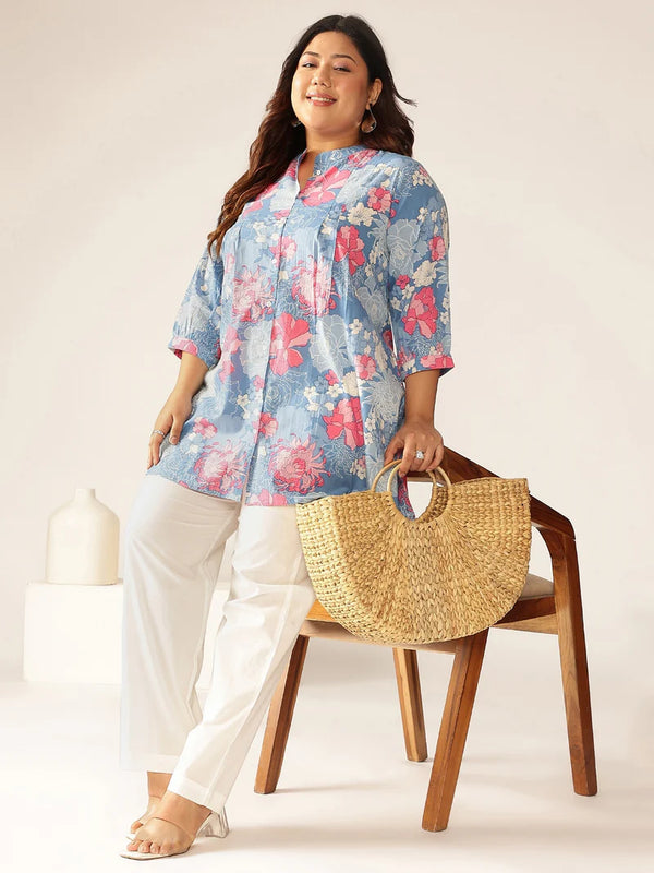 Plus Size Blue Pure Cotton Floral Printed Tunic