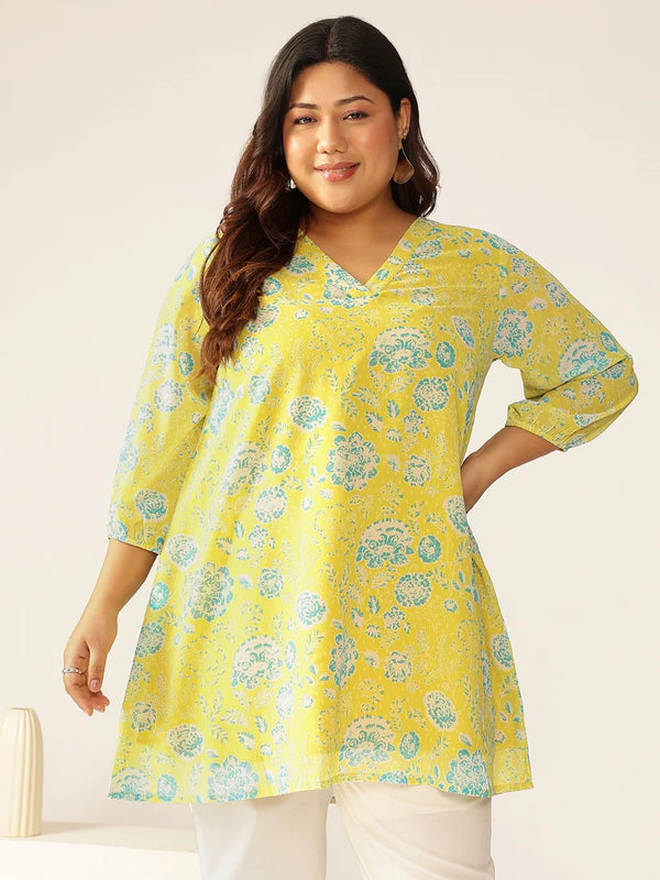 Plus Size Yellow Georgette Floral Printed Tunic