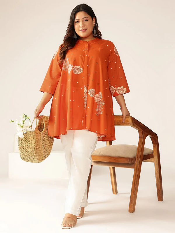 Plus Size Orange Pure Cotton Tunic