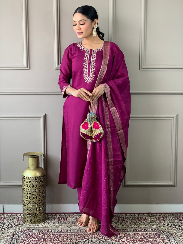 Viscose Chanderi Embroidered Kurta Set with Jacquard Dupatta