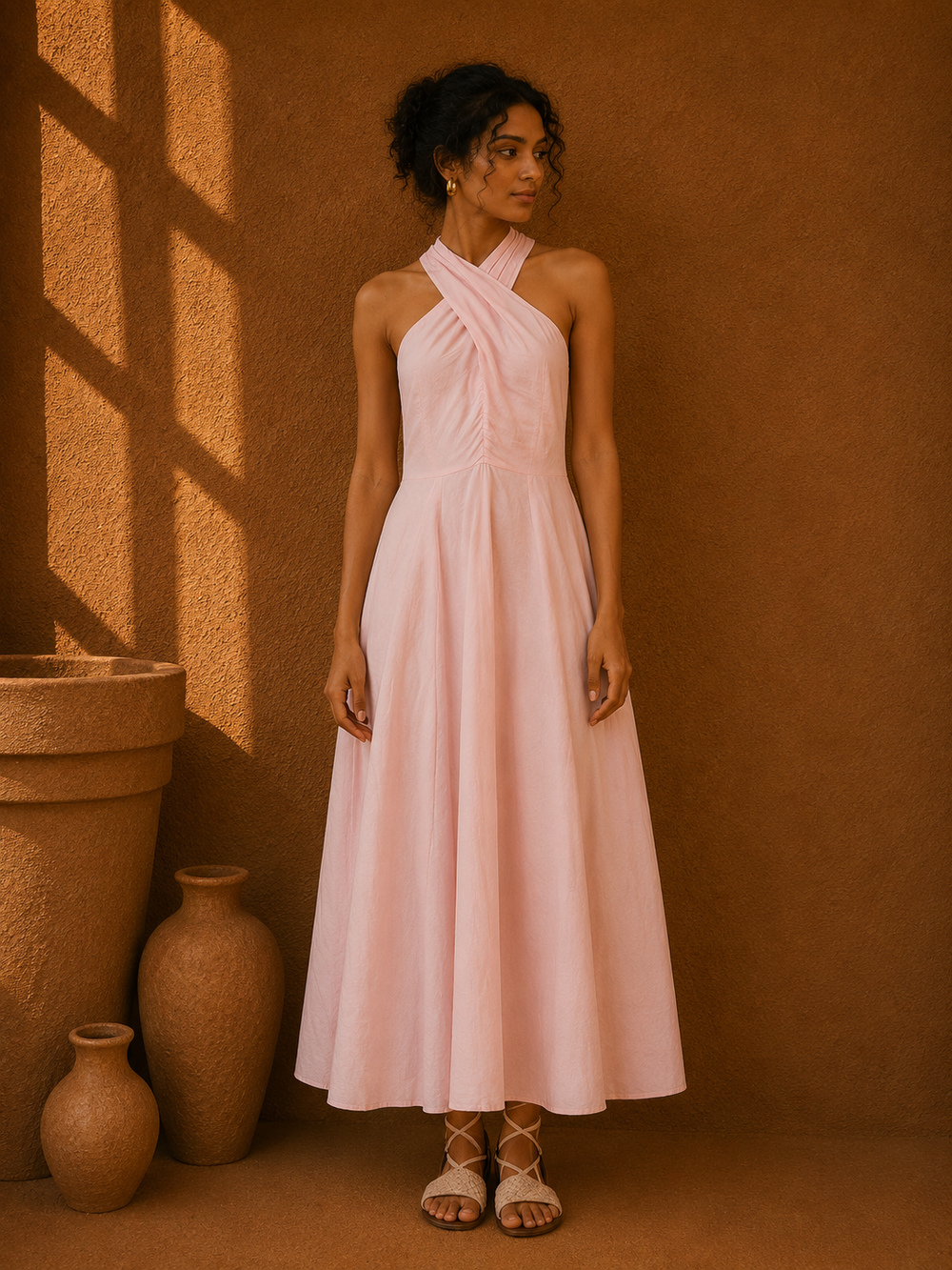 light pink linen maxi dress Minimalist Linen Maxi Dress with Tie Belt, S / Deep Green