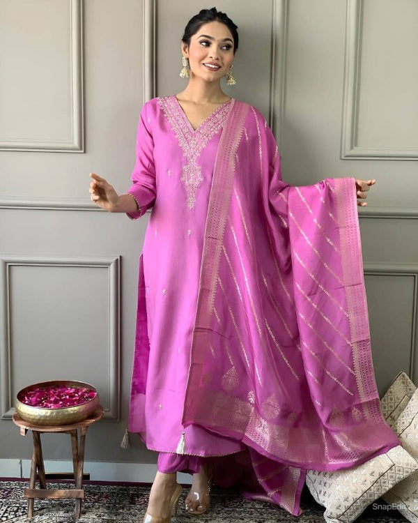 Pink Chanderi Suit set with Jacquard Dupatta