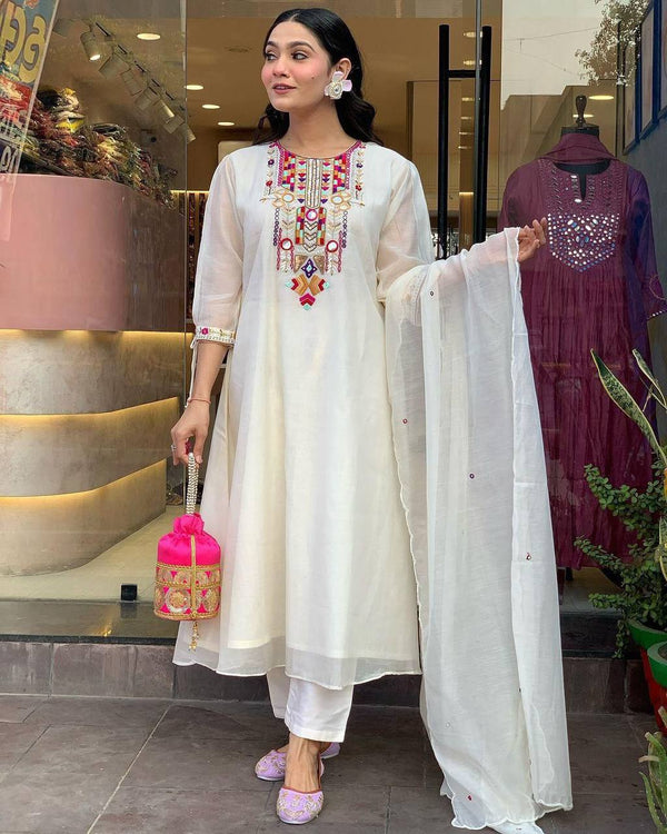 White Chanderi Embroidered Suit with mirrorwork