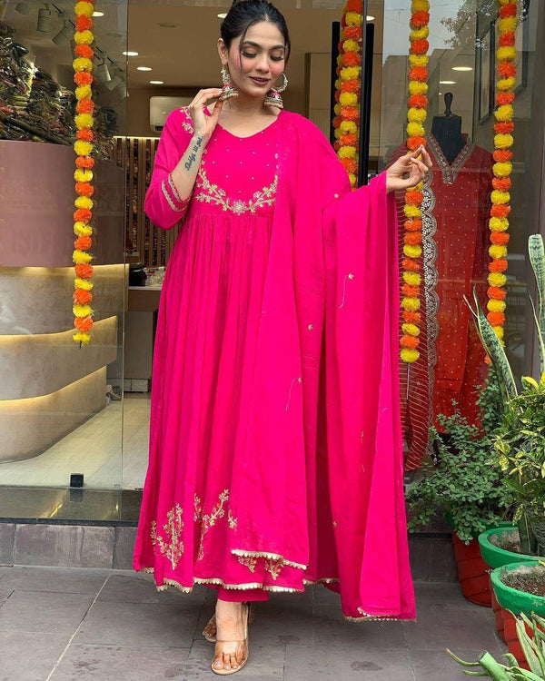 Pink Embroidered Chanderi Suit