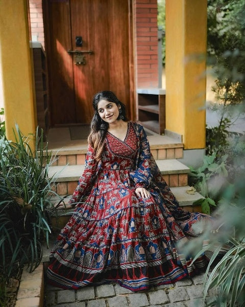 Red Flared Anarkali Suit Set with Khatli work